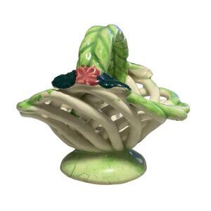 Vintage Handcrafted Ceramic Basket With Green Braided Handle & Floral Accents Ma